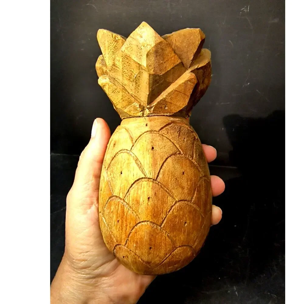 1997.  Vintage Hand Carved Wooden Pineapple Candlestick Holder Faceted Leaf Top